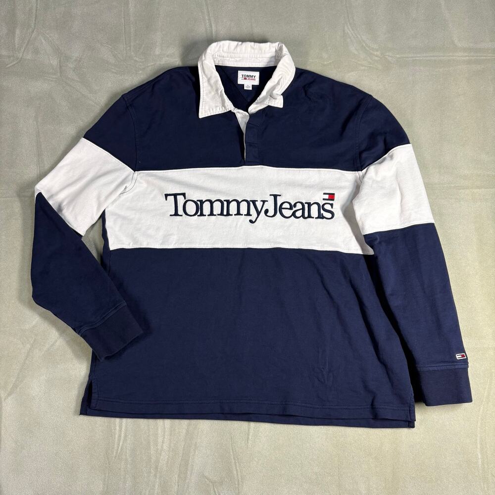 Tommy Jeans Colorblock Navy & White Long Sleeve Rugby Polo Shirt Sz XL Men’s